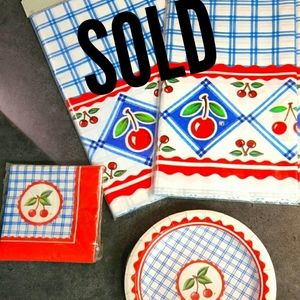 Mary Englebreit 🍒 Cherry  paper plates, napkins and two table coverings.